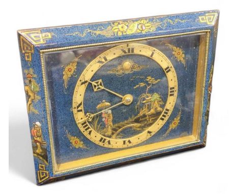 An early 20th century chinoiserie mantel clock, decorated throughout on a blue ground, with easel back, 22.5cm x 17.7cm