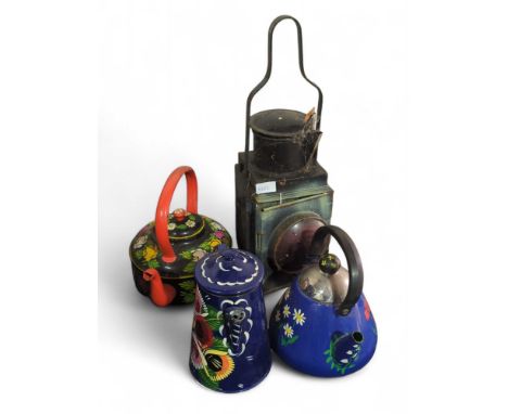 Three items of bargeware and a railway black painted metal rear lamp with carrying handle (4)