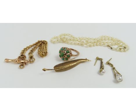 A 9ct gold cluster ring set with a green opaque stone, finger size M, a pair of 9ct gold drop earrings set with pearls and wh
