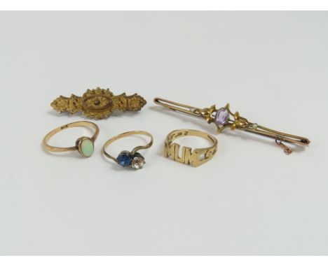 A white opal ring, marked '9ct', finger size Q, a two stone paste ring marked '9ct & SIL', finger size L 1/2, a 9ct gold MUM 