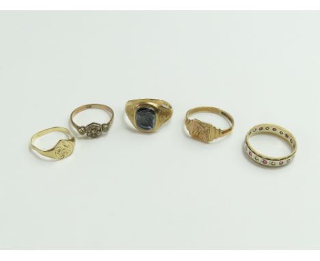 A '9ct' paste set ring, finger size J 1/2; a 9ct gold signet ring, finger size O; a 9ct gold full eternity ring, finger size 
