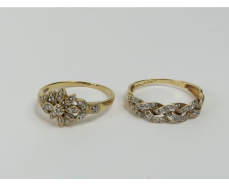 A 9ct gold diamond set ring in the form of a flower, finger size W, together with a certificate from Brooks & Bentley; and a 