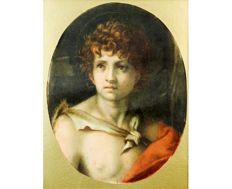 19th century, bust-length portrait of a saint dressed in animal skins, watercolour, in oval mount, 34cm x 26.5cm,  .    