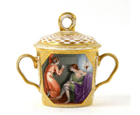 Chamberlains Worcester Chocolate pot and cover painted with the Maid of Corinth by John Wood circa 1805 10cm high .    Overal