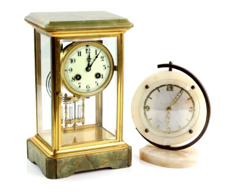Green onyx four glass mantle clock 28cm and an art deco white onyx clock by Daval 19cm.    