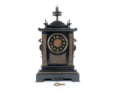 Chinese market black slate mantle clock, the two train movement striking on a gong, 45cm x 25cm x 15cm.    Case in good order