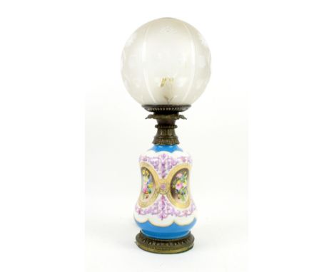 19th century porcelain and gilt metal oil lamp ( converted to electric), with cut glass shade, 53cm .    Glass shade in good 