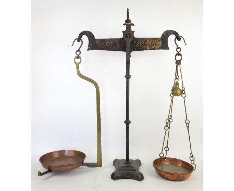 19th century weighing scales, named in gilt JF Warmisham Maker 64 Bishopsgate, 88 cm high.    