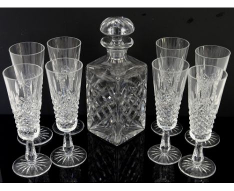 Waterford crystal 8 Kenmare champagne flutes, 20cm,  13 goblets, 17cm,  and a similar cut glass decanter.    No chips cracks 