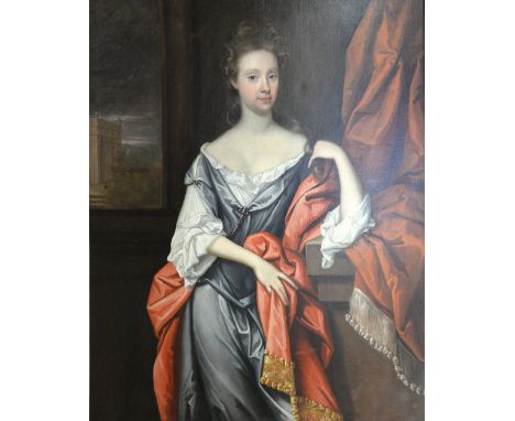 REVISED ESTIMATE: 18th Century portrait of a lady in a silver coloured dress and draped in religious cloth, standing by an op