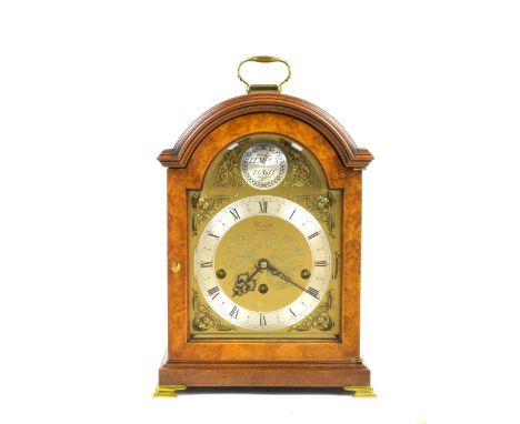 20th century mahogany cased mantel clock by Comitti of London triple train movement striking on a chime, 34cm .    