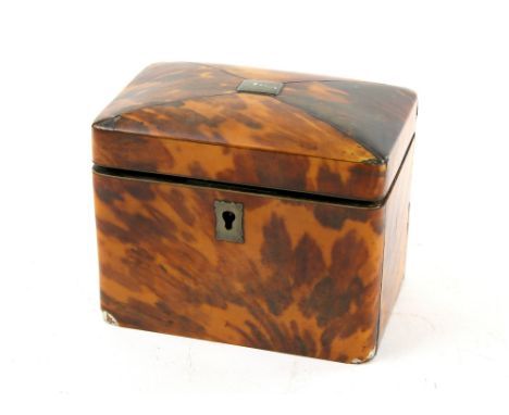 Regency Tortoiseshell single compartment tea caddy with inner lid with ivory finial, velvet lining to cover, 9.5cm x 12cmPLEA