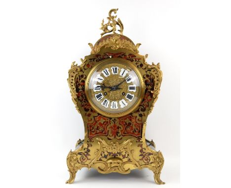 19th century style French boulle clock, with twin train movement, enamelled numeral cartouches, with scrolling decoration on 