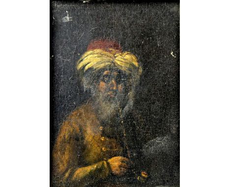 19th century oil on panel, portrait of a bearded man, 18cm x 14cm, and another of a Eastern man with a pipe, 20cm x 14cm (2).