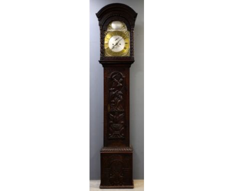 19th century oak eight day longcase clock By Badlay dated 1810, silver dial with bras chapter ring subsidiary second dial and