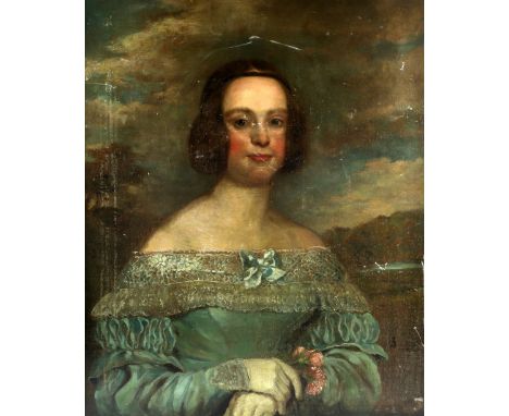 19th century portrait of a woman in a green dress seated, oil on canvas, in gilt frame, 62 cm x 74 cm.    