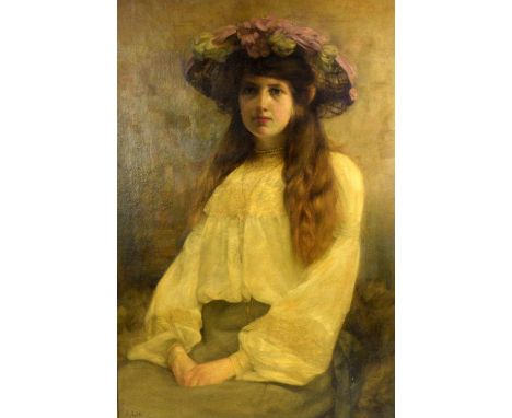 J. Lee, early 20th century, portrait of a young woman with long brown hair and wearing a floral hat, signed, oil on canvas, 8