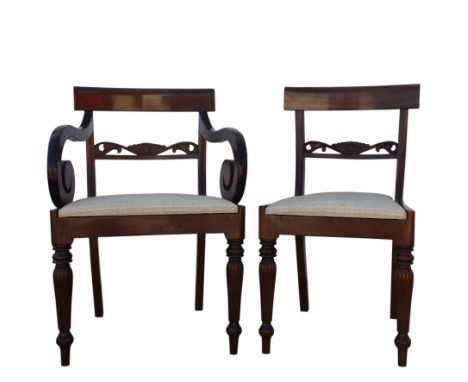 Set of 10 19th Century style mahogany bar back dining chairs with carved central rails, drop in seats and turned reeded taper