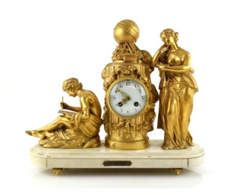 Early 20th century French gilt metal twin train mantel clock, the figural case emblematic of science 40cm x 23cm .    We cann