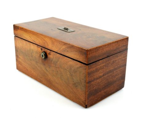 19th century mahogany tea caddy with twin caddies and central glass bowl, 30cm wide,.    