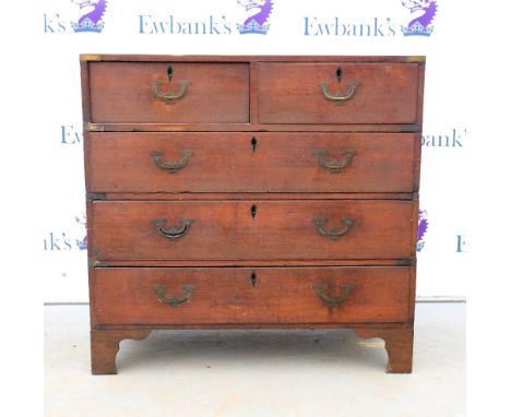 Oak military chest of two short over three long drawers on bracket feet, 89cm x 91cm..    Structurally sound draws all run sm
