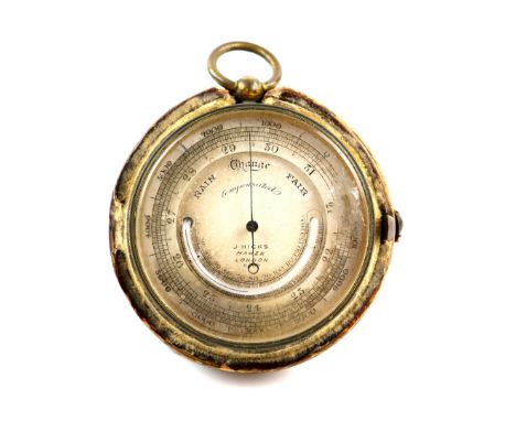 19th century gilt brass pocket barometer, the dial with curved thermometer,signed 'J Hicks Maker London 5cm dia. cover of cas