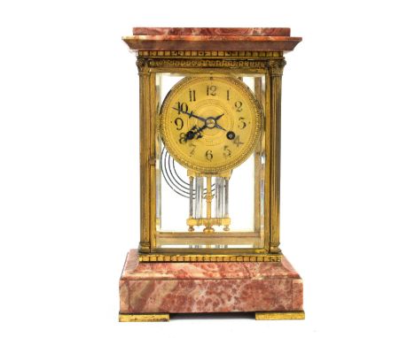 Early 20th gilt metal and pink marble twin train mantel clock 25cm .    Marble in good order, glass in good order tarnish and
