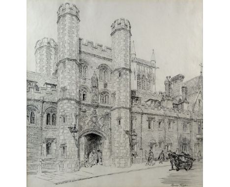 Hanslip Fletcher, British 1874-1955, study of a college gate, pen and ink, signed, 49cm x 46cm,.    