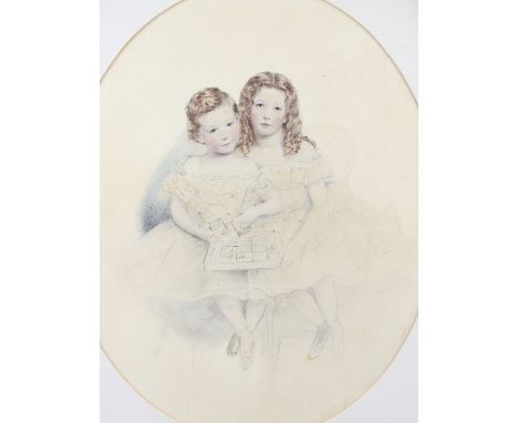 English School 19th Century portrait of two sisters seated on a sofa, pencil and watercolour, oval, 42cm x 35cm.    