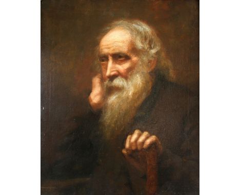 19th century portrait of an old man with walking cane unsigned oil on canvas, 60cm x 50cm .    