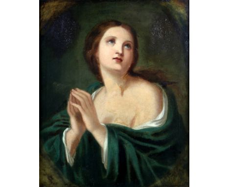 19th century portrait of a woman at prayer, wearing a  green shawl, unsigned oil on canvas,  52cm x 42cm .    