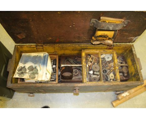 Wooden tool box of misc tools and large drill bits on wheels