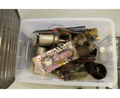 Plastic bin of misc tools including compression tester