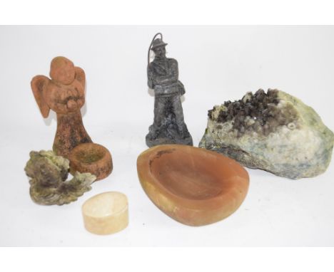 BOX OF METAL FIGURES, PIECE OF CRYSTAL ETC 