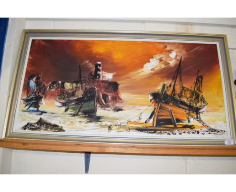 PICTURE OF SAILING SHIPS AND LIGHT HOUSE SIGNED HAWKES 