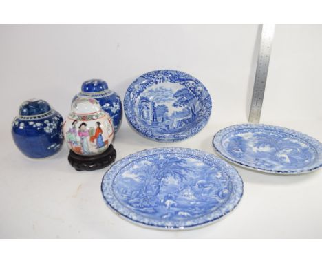 GROUP OF CERAMIC ITEMS INCLUDING TWO ORIENTAL GINGER JARS WITH DECORATION, TWO BOWLS IN COPELAND SPODE ITALIAN PATTERN ETC 