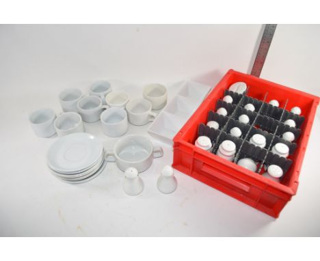 PLASTIC BOX CONTAINING QTY OF WHITE TEA WARES, CUPS, SAUCERS, SIDEPLATES ETC AND CONDEMENT SETS MANUFACTURED BY DUDSON