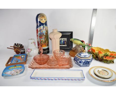 GROUP OF CERAMIC AND GLASS ITEMS INCLUDING A GLASS DRESSING TABLE SET, RUSSIAN DOLLS AND A WOODEN MODEL OF A BUGERIEGAR 