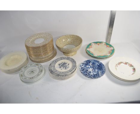 BOX QTY OF CERAMIC WARES TO INCLUDE A QTY OF ROYAL WORCESTER PUCE MARK SIDE PLATES AND BOWL MARKED CROWN WARE 