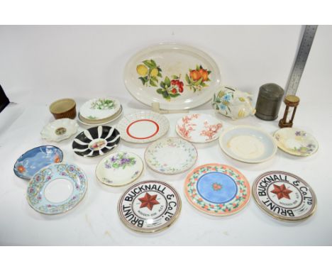 TRAY OF MAINLY CERAMIC ITEMS, SAUCERS, SERVING DISHES, DOULTON ASHTRAY, NO OF POTTERY TILES ETC 