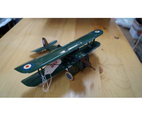 AEROPLANE: SCALE TIN MODEL: A good scale tin model of a British WWI fighter bi-plane, single engine, in green livery with R.A