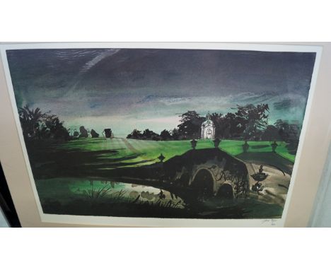 John Piper, 'The Oxford Bridge and Boycott Pavillion, Stowe', signed and numbered 50/50, colour lithograph, pl.38.5 x 58cm, m