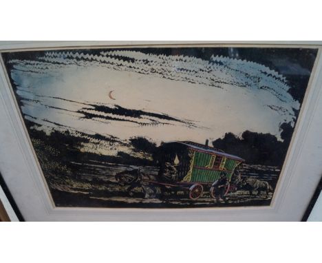 Haydn Mackey, gypsy caravan, signed in pencil, colour lithograph, I.33 x 46cm. Condition Report: Overall minor discolouration