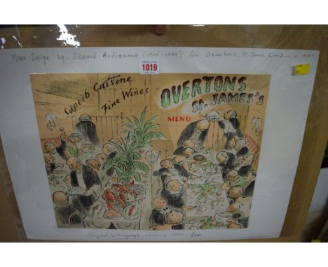 After Edward Ardizzone, menu design for Overton Restaurant, colour lithograph, 32 x 40cm, unframed.
