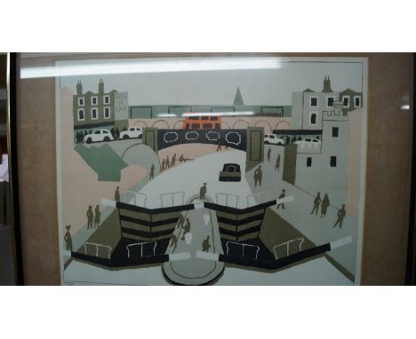 Julian Trevelyan, 'Camden Lock', signed in pencil and numbered 7/100, colour lithograph, I.38 x 51cm. Condition Report: Appea
