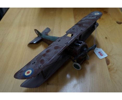 AEROPLANE: SCALE TIN MODEL:  A good scale tin model of a British WWI fighter bi-plane, single engine, in brown livery with R.