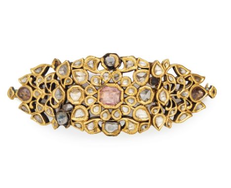 A gem-set enamelled gold armband (bazuband) North India, 19th Centurycomprising three hinged openwork foliate panels set with
