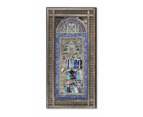 A Qajar underglaze-painted pottery tile panel depicting men in prayer Persia, 19th Centuryof rectangular form with a curved t
