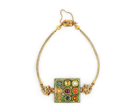 A gem-set enamelled-gold navratna armband (bazuband) with 19th century European bracelet North India, 18th/ 19th Centurycompr