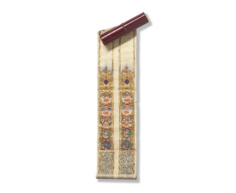 An illuminated Hindu religious manuscript in scroll form North India, mid-19th Centurynagari manuscript on paper, in scroll f